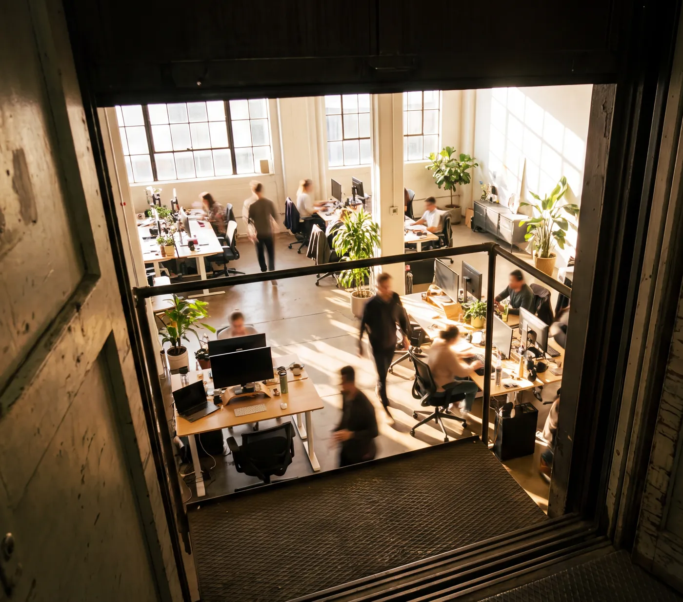 The team working together in a sunlit open-plan office