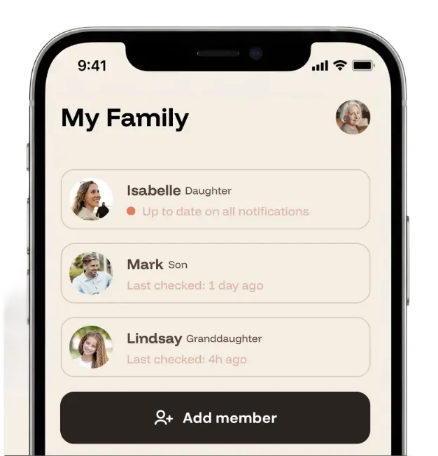 The My Family screen in the Nona app, listing invited relatives