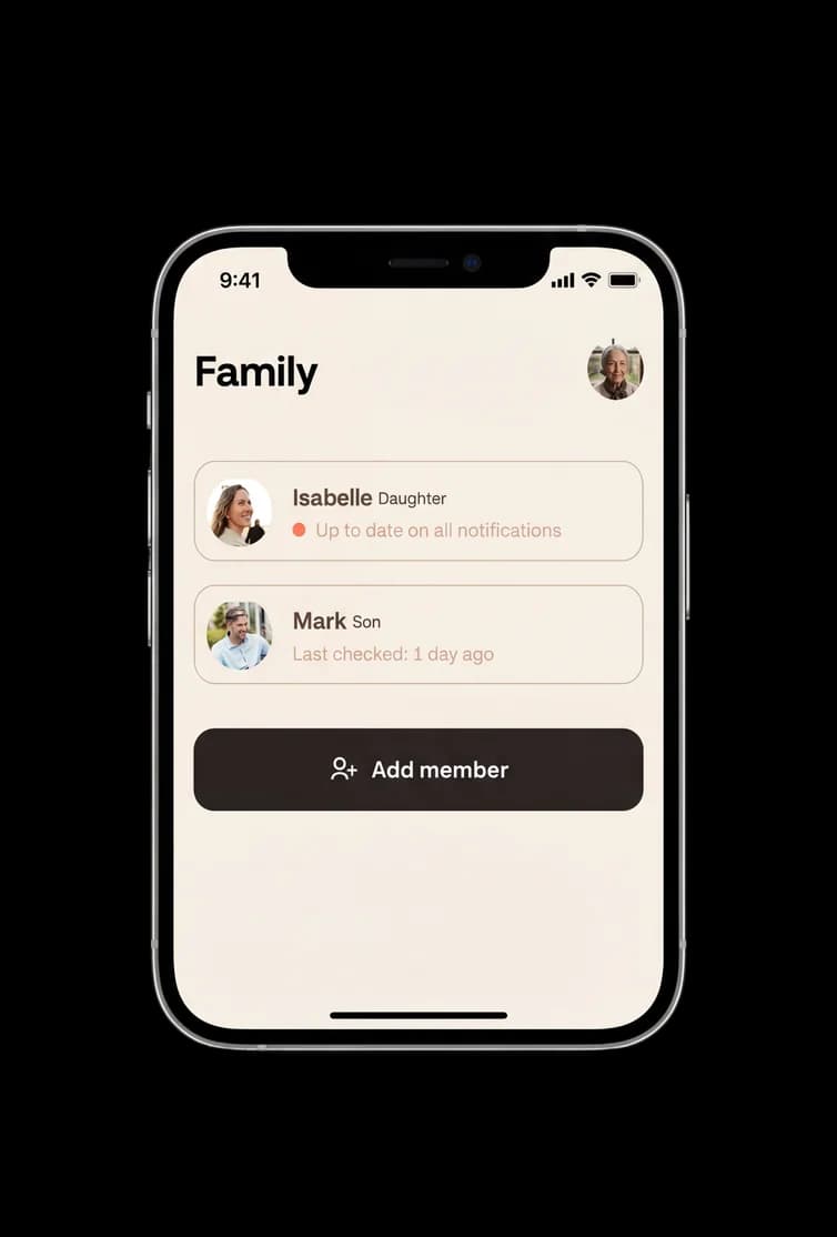 The Family screen in the Nona app, listing invited relatives